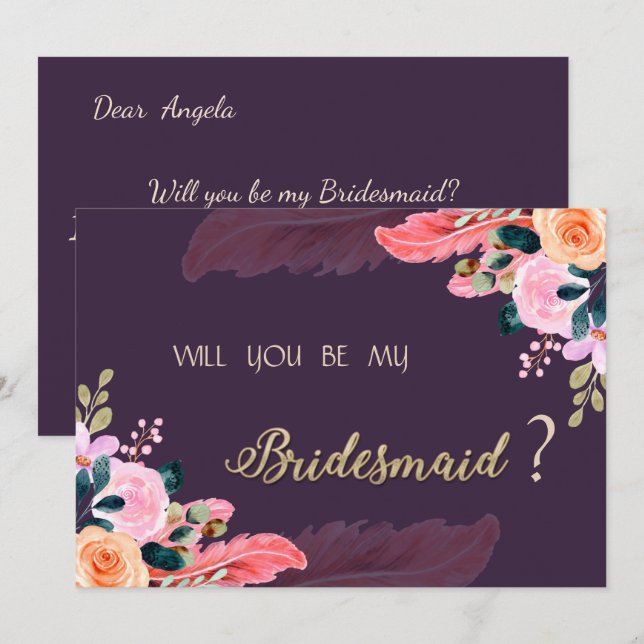 Convite Rosas Roxas Pena de Chic Elegante (Frente/Verso)