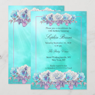 Convite Rosas Roxas Turquesa Festa de Aniversário Floral