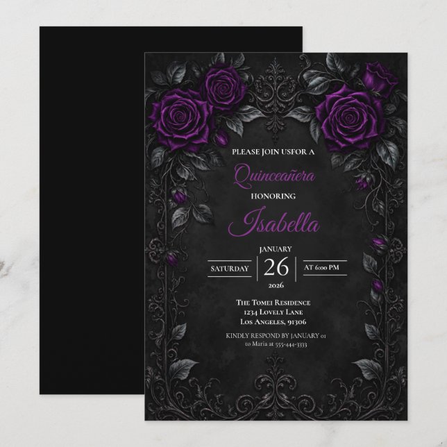 Convite Rosas roxas vintage Quinceañera (Frente/Verso)