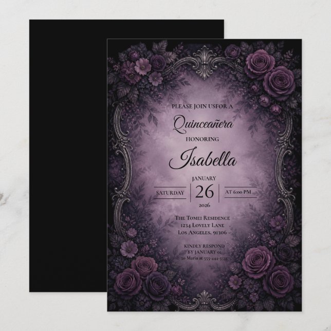 Convite Rosas roxas vintage Quinceañera (Frente/Verso)