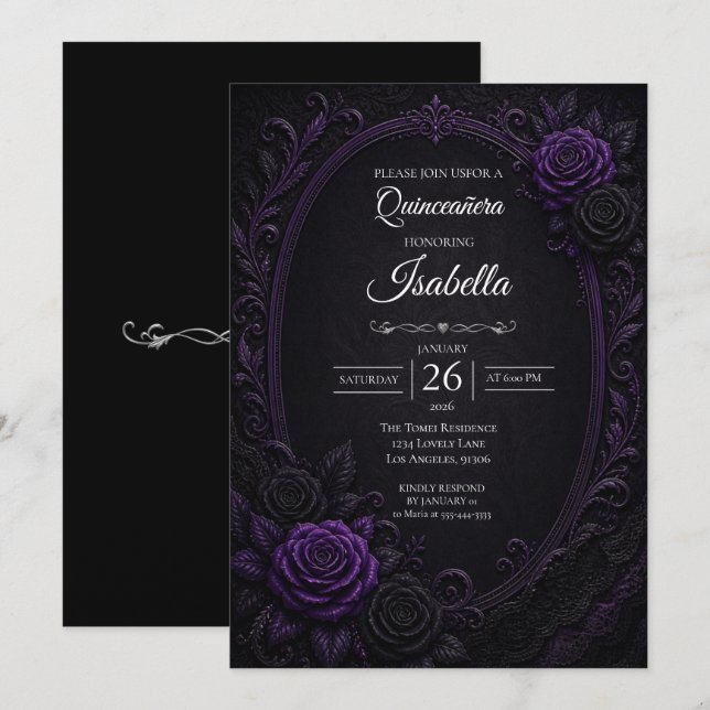 Convite Rosas roxas vintage Quinceañera (Frente/Verso)