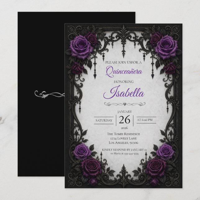 Convite Rosas Roxas Vintage Quinceañera (Frente/Verso)