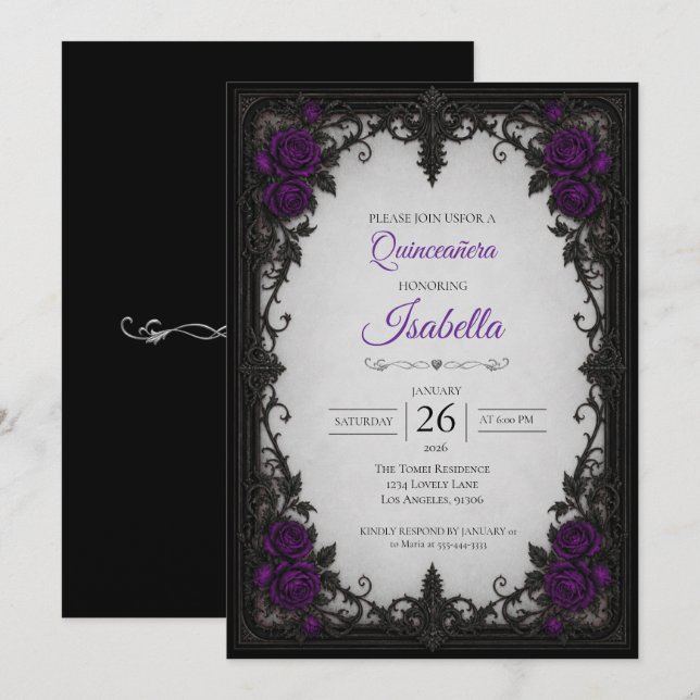 Convite Rosas roxas vintage Quinceañera (Frente/Verso)