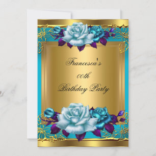 Convite Rosas Roxo Turquesa Dourado Festa de Aniversário E