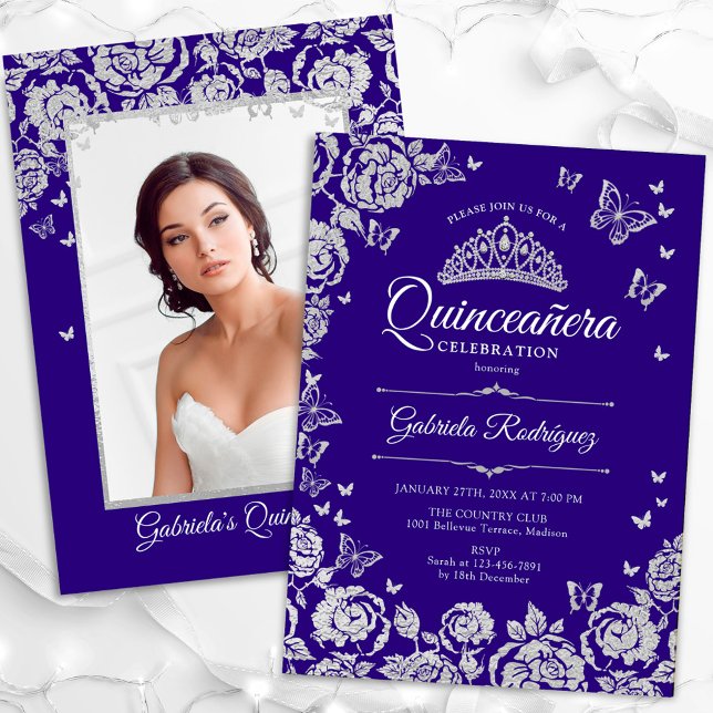 Convite Rosas Roxos Borboletas Quinceanera Foto (Criador carregado)