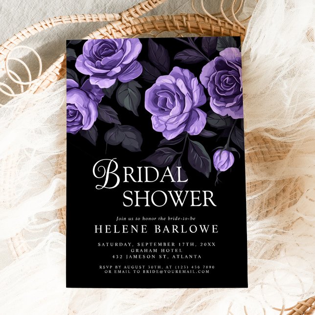 Convite Rosas Roxos Chá de panela Gótico Escuro (Purple Roses Moody Dark Gothic Bridal Shower Invitation)