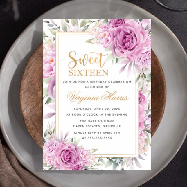Convite Rosas Roxos Doce Floral Dezesseis 16 Aniversário (Criador carregado)