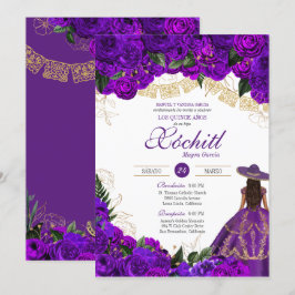 Convite Rosas Roxos Elegante Emerald Charro Quinceanera