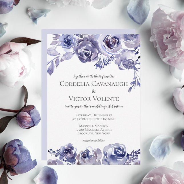 Convite Rosas Roxos Elegantes Casamento no inverno Floral  (Criador carregado)