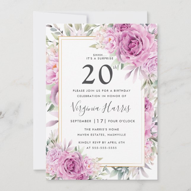 Convite Rosas Roxos Floral Vinte e 20 Aniversário (Frente)