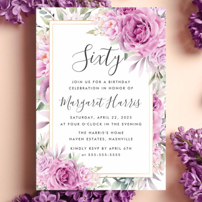 Convite Rosas Roxos Frame Dourado Floral 60º Sessenta Aniv (Criador carregado)