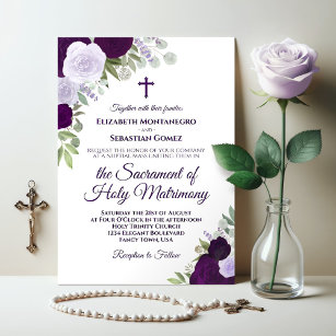 Convite Rosas Roxos Modernos Casamento Católico