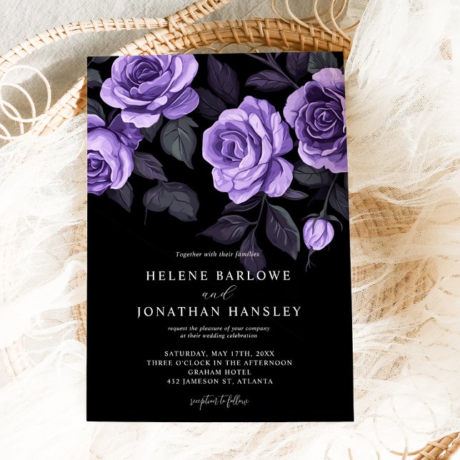 Convite Rosas Roxos Moody Casamento Gótico Escuro Floral (Moody Purple Roses Floral Dark Gothic Wedding Invitation)