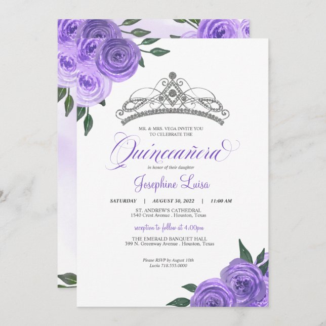 Convite Rosas Roxos Prata Tiara Quinceañera Aniversário In (Frente/Verso)