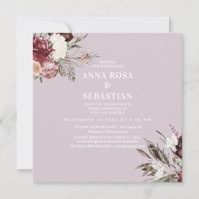 Convite *~* Rosas RSVP Burgandy Floral AR15 + WEDDING (Frente)