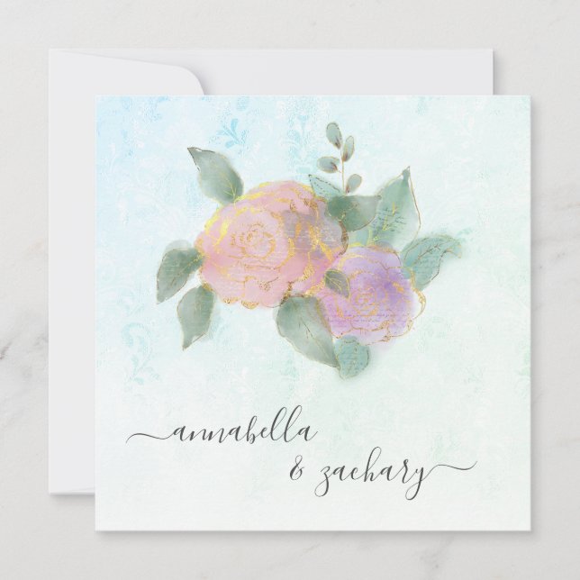 Convite *~* ROSAS + RSVP QR Dourada Glitter - Casamento AR (Frente)