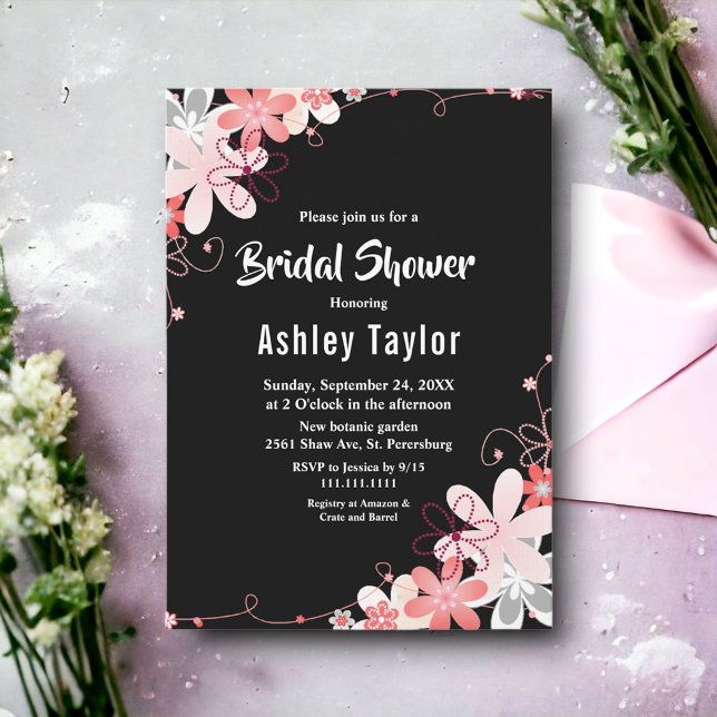 Convite Rosas Russos Elegantes Chá de panela Floral Negro (Criador carregado)