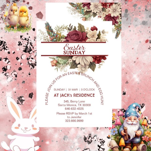 Convite Rosas Russos Pastel Páscoa Floral Domingo (Burgundy Rustic Roses Pastel Floral Easter Sunday Invitation)