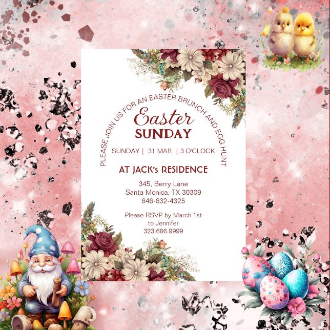 Convite Rosas Russos Suaves Burgundy Páscoa Floral Domingo (Soft Burgundy Rustic Roses Floral Easter Sunday Invitation)
