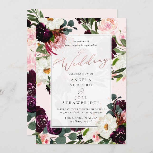 Convite Rosas Rustic Bloom Burgundy Blush Watercolor (Frente/Verso)