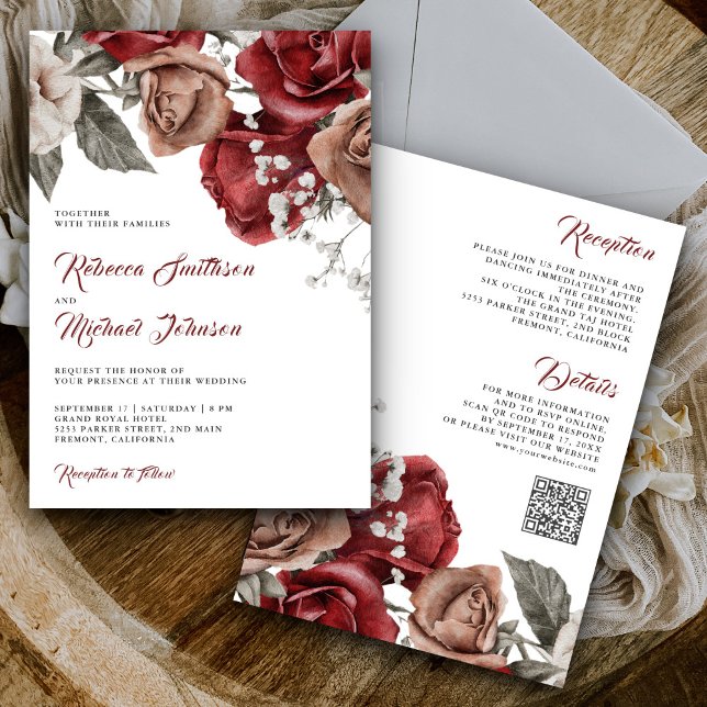 Convite Rosas Rustic Burgundy Todos em Um Casamento de Cód (Criador carregado)