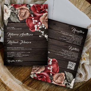 Convite Rosas Rustic Wood Burgundy Código QR Casamento