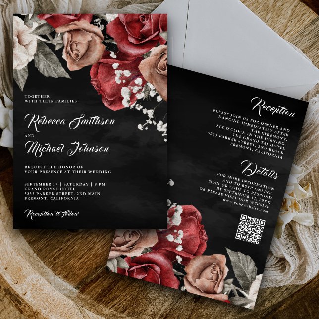 Convite Rosas Rústicas Borgonha Código QR Casamento Preto (Criador carregado)