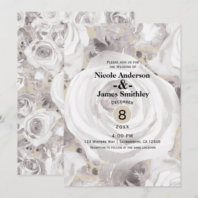 Convite Rosas Rústicas Brancas de Inverno Kraft Casamento (Frente/Verso)