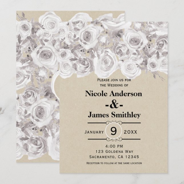 Convite Rosas Rústicas Brancas de Inverno Kraft Casamento (Frente/Verso)