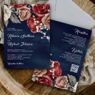 Convite Rosas Rústicas Burgundy Código QR Casamento Azul M