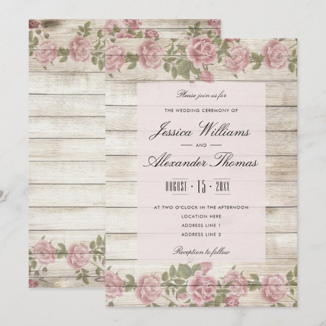 Convite Rosas Rústicas Em Madeira Cerimônia de Casamento (Frente/Verso)