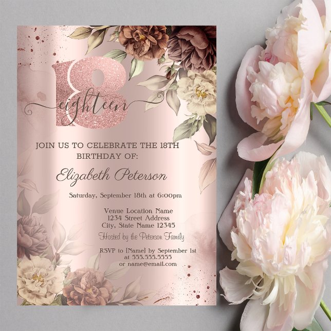 Convite Rosas Rústicas Rosa Dourado Aniversário de 18 anos (Criador carregado)