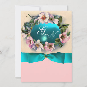 CONVITE ROSAS SELVAGENS COM FITA AZUL ESCURO, MONOGRAMA