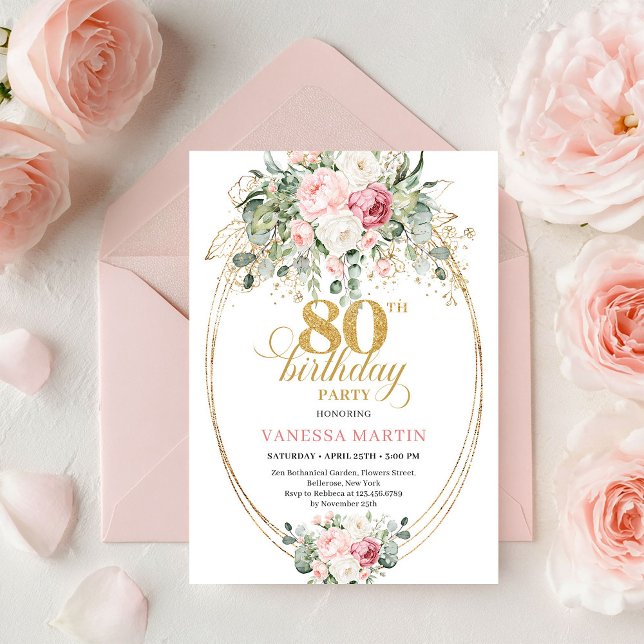 Convite Rosas Sofisticadas de Boemia Cor-de-Rosa para 80º  (Sophisticated Bohemian Blush Roses 80th Birthday)