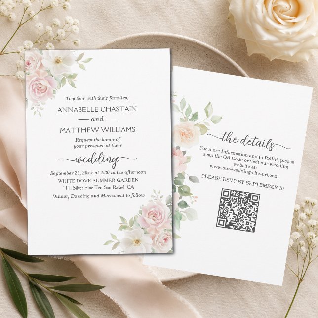 Convite Rosas Soft Blush Tudo em Um Código QR Casamento  (Criador carregado)