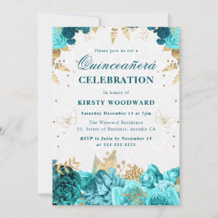 Convite Rosas Teal e Douradas Floral Quinceanera