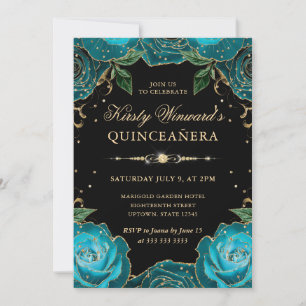 Convite Rosas Teal e Douradas Floral Quinceanera
