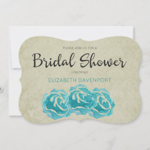 Convite Rosas Teal em Aquarela em Bridal Shower com Damask