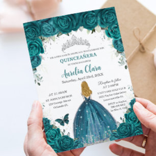 Convite Rosas Teal Florais Loira Princesa Quinceanera 16º