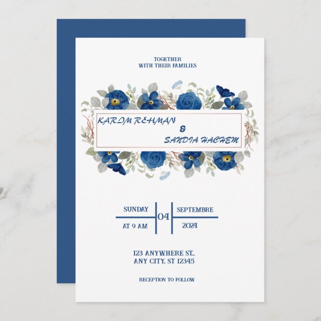 Convite Rosas Terrenos Laranja Marinho Azul Casamento (Frente/Verso)