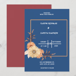 Convite Rosas Terrenos Laranja Marinho Azul Casamento