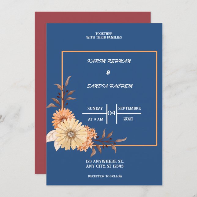 Convite Rosas Terrenos Laranja Marinho Azul Casamento (Frente/Verso)