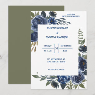Convite Rosas Terrenos Laranja Marinho Azul Casamento