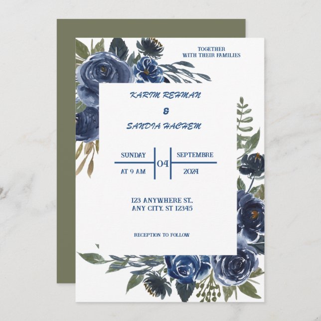 Convite Rosas Terrenos Laranja Marinho Azul Casamento (Frente/Verso)