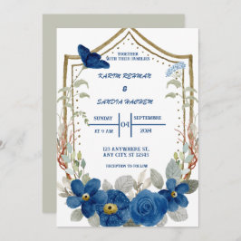 Convite Rosas Terrenos Laranja Marinho Azul Casamento
