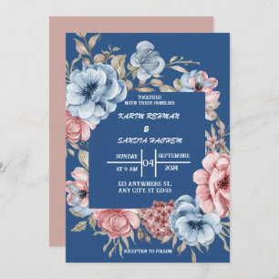 Convite Rosas Terrenos Laranja Marinho Azul Casamento