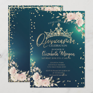Convite Rosas, Tiara Dourada, Diamantes Verde Quinceañera