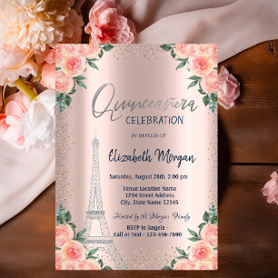 Convite Rosas,Torre Eiffel,Flores,Rosa Dourada Quinceañera