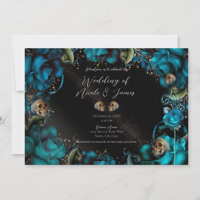 Convite Rosas Turquesa Azul-esverdeado Caveiras Casamento  (Frente)