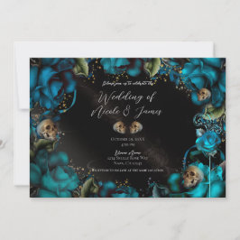 Convite Rosas Turquesa Azul-esverdeado Caveiras Casamento 